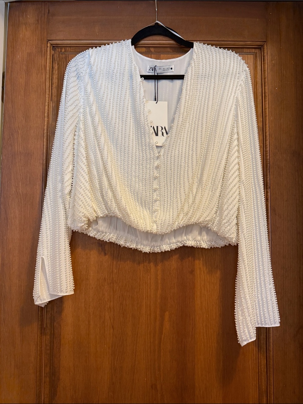 Zara White Textured Beaded V-Neck Cropped Blouse